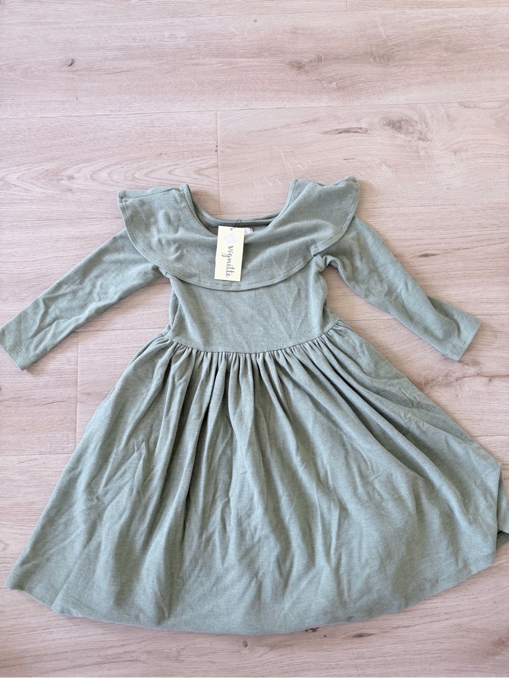 Sage Green Ruffle Neck Kids Dress